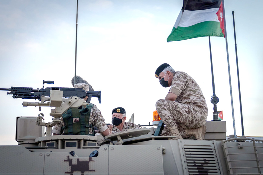 His Majesty King Abdullah, the Supreme Commander of the Jordan Armed Forces-Arab Army, accompanied by HRH Crown Prince Hussein, inspects the Centauro tank, which entered into service recently at the 3rd Royal Tank Battalion of the 60th Prince El Hassan Armoured Brigade, on Tuesday  (Photo courtesy of Royal Court)
