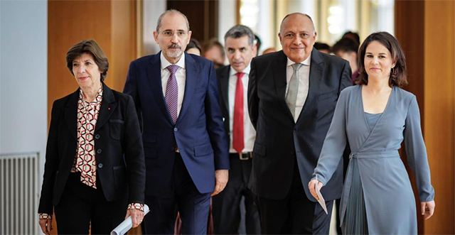 Deputy Prime Minister and Foreign Minister Ayman Safadi and his counterparts from Egypt, Sameh Shoukry, France, Catherine Colonna, and Germany, Annalena Baerbock, during the Berlin-hosted Munich Group meeting on Thursday (Photo courtesy of Foreign Ministry)