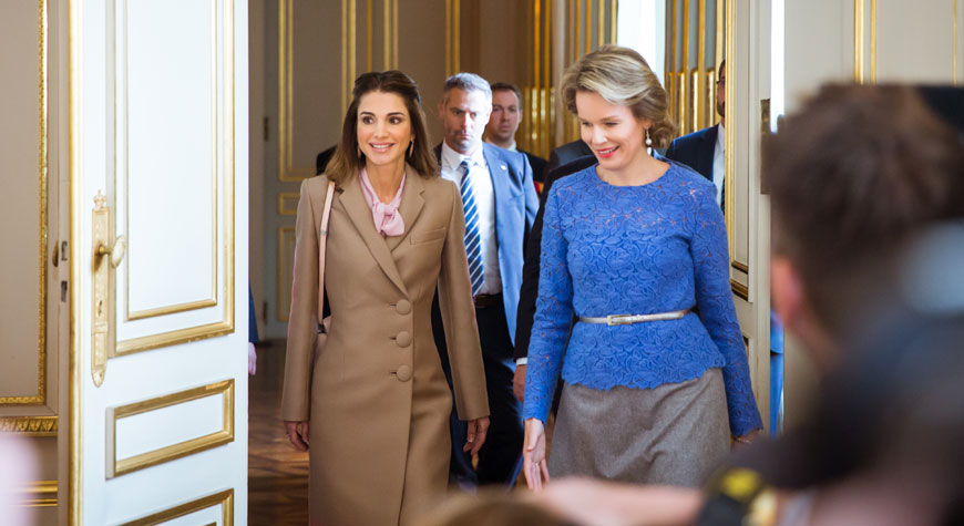Her Majesty Queen Rania with Queen Mathilde of Belgium in Brussels on Tuesday  (Photo courtesy of Royal Court)