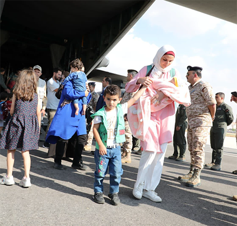 Jordanians evacuees from the war-ravaged Gaza Strip arrive at Marka airport on board of a Royal Jordanian Air Force aircraft (Photo courtesy of Foreign Ministry)