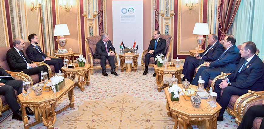 His Majesty King Abdullah II, accompanied by HRH Crown Prince Hussein, meets Egypt President Abdel Fattah El Sisi, on the sidelines of the joint Arab-Islamic Extraordinary Summit on Gaza in Riyadh, Saudi Arabia (Photo courtesy of Royal Court)