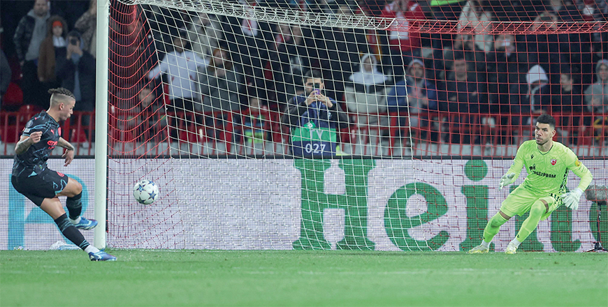 Manchester City’s English midfielder #04 Kalvin Phillips scores his team’s third goal with a penalty shot during the UEFA Champions League Group G day 6 group stage football match between Crvena Zvezda (Red Star Belgrade) and Manchester City at the Red Star Stadium in Belgrade, on Wednesday (AFP photo)