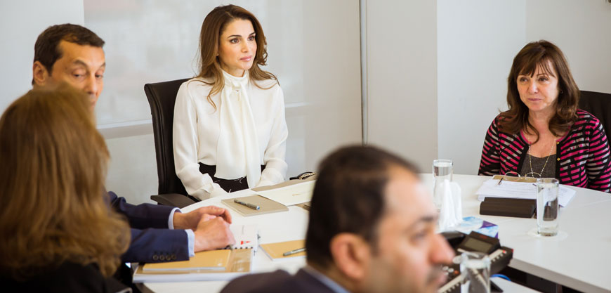 Her Majesty Queen Rania chairs a board meeting for the Queen Rania Foundation for Education and Development in Amman on Monday (Photo courtesy of Royal Court)