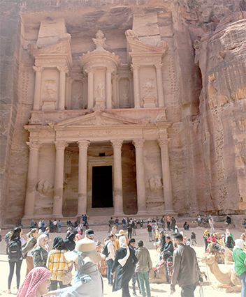 Visitors are seen at Petra’s ancient Treasury, the rose-red city’s iconic façade, some 220km south of Amman in this recent photo (Photo courtesy of Ahed Taha)