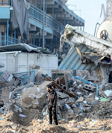 A school run the United Nations Relief and Works Agency for Palestine Refugees (URRWA) where people saught refuge from Israeli bombardments, stands ravaged in the Rimal neighbourhood of Gaza City on Saturday (AFP photo)