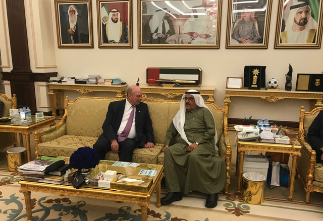 Deputy Ruler of Dubai and Minister of Finance Shiekh Hamdan Bin Rashid Al Maktoum on Sunday receives Senate President Faisal Fayez in Dubai (Photo by Perta)