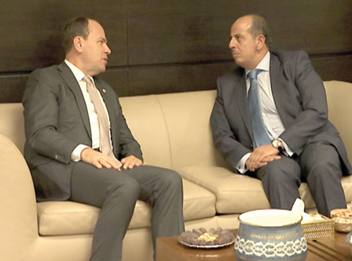 Albanian President Bujar Nishani is received by Minister of Youth Rami Wreikat upon his arrival in Amman on Tuesday for a several-day visit  (Petra photo)
