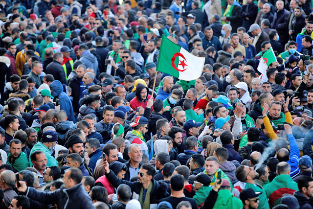 Algerians rally in the northern town of Kherrata marking some of the first Hirak protests on Tuesday (AFP photo)