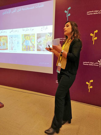 Art therapist Ola Khorchid presents the skills of art expression and self awareness at  the Teacher Skills Forum recently (Photo by Camille Dupire)