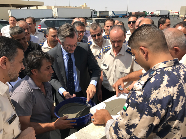 Brigadier General Gehad Sawaqed and Canadian Ambassador Peter MacDougall officially launch the construction of an inspection lab and a warehouse for Al Omari Customs Centre on Monday (Photo courtesy of Canadian embassy)