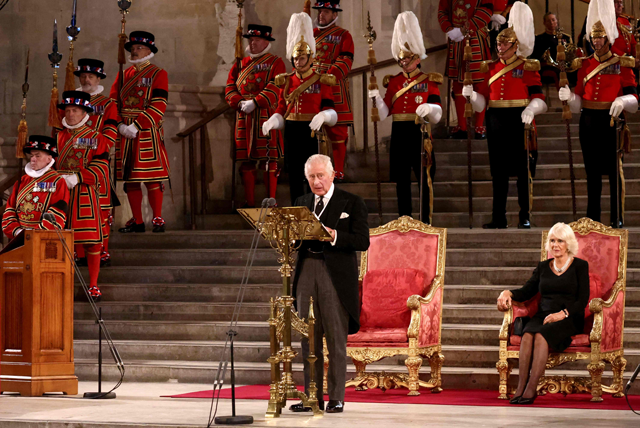 Britain's King Charles III attends the presentation of Addresses by both Houses of Parliament in Westminster Hall, inside the Palace of Westminster, central London, on Monday, following the death of Queen Elizabeth II on September 8 (AFP photo)