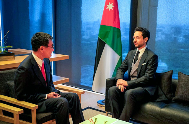   HRH Crown Prince Hussein meets with Japan Defence Minister Taro Kono on Tuesday in Tokyo. Deputising for His Majesty King Abdullah, Prince Hussein attended the enthronement ceremony of Emperor Naruhito of Japan (Photo courtesy of Royal Court)