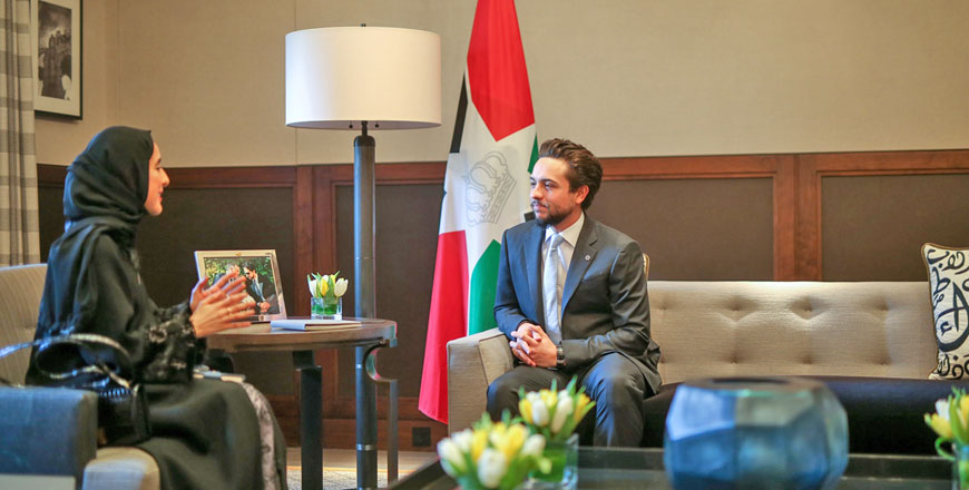 HRH Crown Prince Hussein meets with the UAE minister of state for youth affairs and president of Emirates Youth Council, Shamma Mazrui, in Amman on Tuesday (Photo courtesy of Royal Court)
