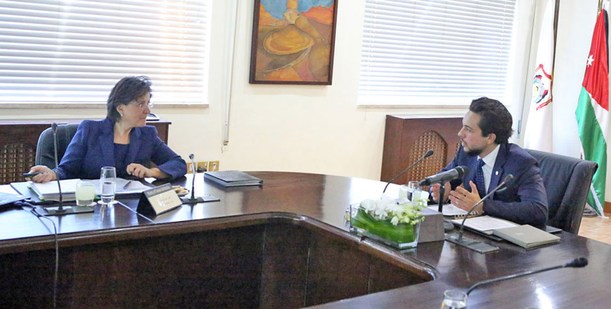 HRH Crown Prince Hussein meets with Tourism Minister Lina Annab to discuss ways to advance the sector in Amman on Thursday (Photo courtesy of Royal Court)