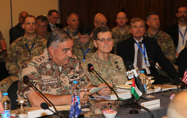 Chairman of the Joint Chiefs-of-Staff Lt. Gen. Mahmoud Freihat and Commander of United States Central Command Gen. Joseph Votel attend in Amman on Saturday a seminar on the sidelines of the Eager Lion war games, being held in Jordan (Petra photo)