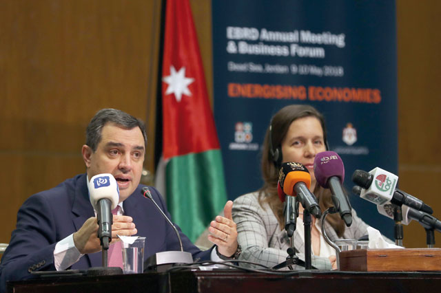 Planning and International Cooperation Minister Imad Fakhoury speaks on Thursday in Amman to reporters to announce Jordan’s hosting of European Bank for Reconstruction and Development’s 27th Annual Meeting and Business Forum at the Dead Sea next week (Photo courtesy of Ministry of Planning and International Cooperation)