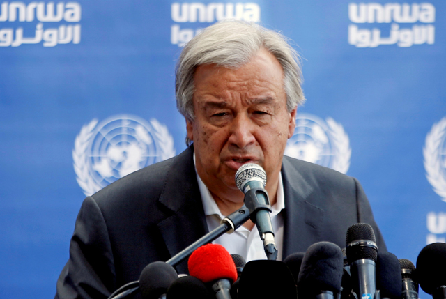 United Nations Secretary General Antonio Guterres attends a news conference at UN-run school in the northern Gaza Strip on  August 30 (Reuters photo)
