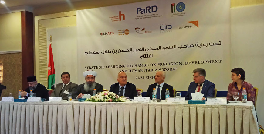 Prince Hassan, Grand Mufti Mohammad Khalayleh, Bishop Elias Toume, KAICIID Senior Adviser Mohamed Abu Nimer, German Deputy Ambassador Ralf Schröer speak at the inauguration event in Amman on Wednesday (Photo by Ana V. Ibáñez Prieto)