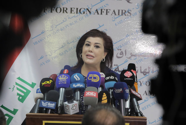 Iraqi Ambassador to Jordan Safia Al Souhail speaks at a press conference in Amman on Sunday (Photo by Osama Aqarbeh)