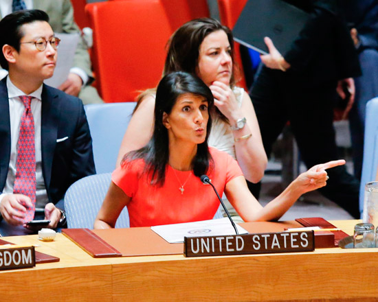 This file photo taken on August 5, 2017 shows US Ambassador to the United Nations Nikki Haley speaking after voting on a US-drafted resolution toughening sanctions on North Korea, at the United Nations Headquarters in New York (AFP photo)