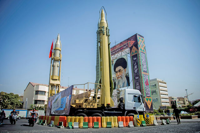 A display featuring missiles and a portrait of Iran’s Supreme Leader Ayatollah Ali Khamenei is seen at Baharestan Square in Tehran, Iran, September 27 (Reuters photo)