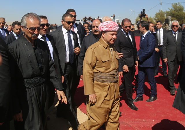 Kurdish Regional Government  President Masoud Barzani speaks to media as he visits the grave of former Iraqi president and Iraqi Kurdistan Patriotic Union leader Jalal Talabani in Suleymaniyah, Iraq, on October 7 (Anadolu Agency photo)
