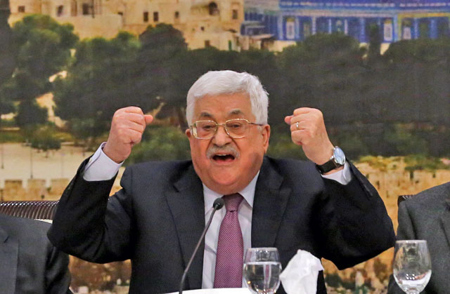 Palestinian President Mahmoud Abbas makes a speech as he attends the 28th session of the Palestinian Central Council, based on the Palestinian Liberation Organisation, held in Ramallah, the West Bank, on Sunday  (Anadolu Agency photo)