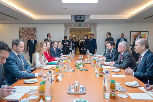 His Majesty King Abdullah, accompanied by HRH Crown Prince Hussein, meets on Tuesday European Parliament President Roberta Metsola, and warns of the disastrous effects and long-term consequences of the war on Gaza (Photo courtesy of Royal Court)