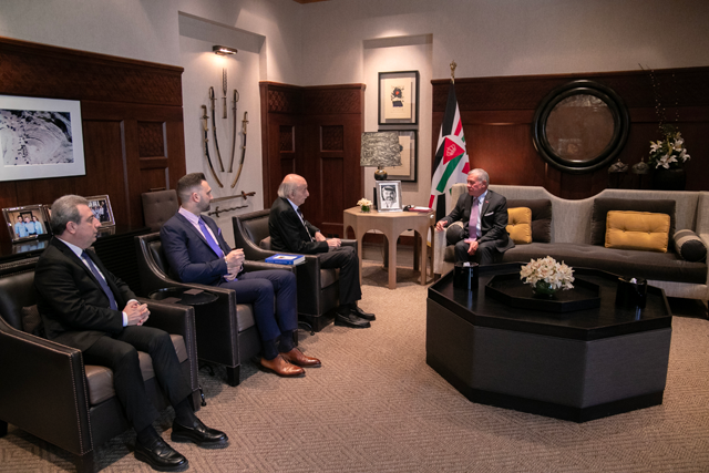 His Majesty King Abdullah on Sunday receives former president of the Lebanese Progressive Socialist Party Walid Joumblatt for a meeting on regional developments and warns against widening conflict in the region, stressing the importance of Lebanon’s stability, maintaining its security (Photo courtesy of Royal Court)