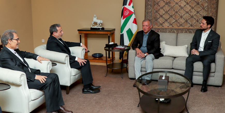 His Majesty King Abdullah, accompanied by HRH Crown Prince Hussein, receives Iran Foreign Minister Abbas Araghchi and stresses the need for regional de-escalation, warning that continued violence and destruction will keep the region hostage to conflict  (Photo courtesy of Royal Court)