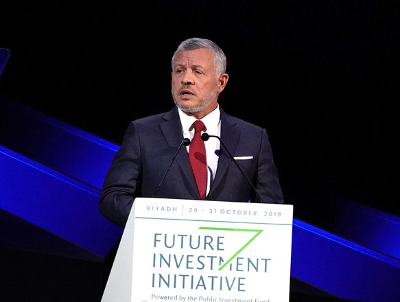 His Majesty King Abdullah delivers a speech at the third Future Investment Initiative 2019 forum in Riyadh on Tuesday (Photo courtesy of Royal Court)