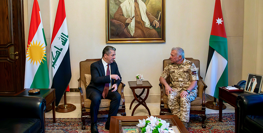 His Majesty King Abdullah receives Prime Minister of the Kurdistan Region in Iraq Masrour Barzaniat Basman Palace (Photo courtesy of Royal Court)
