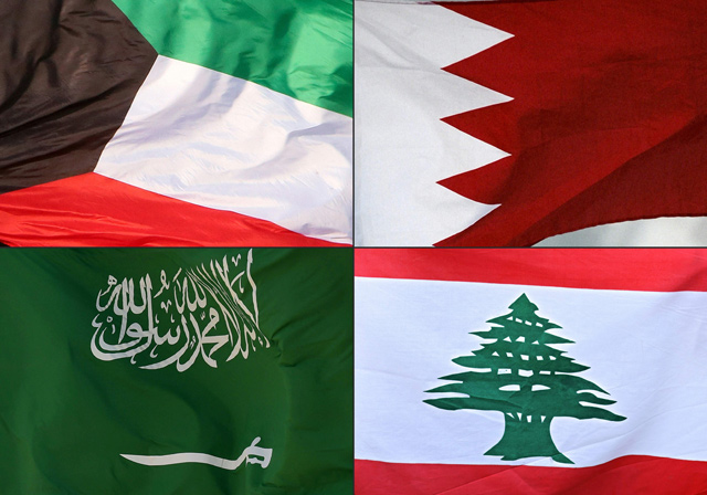 This combination of pictures created on Saturday, shows the Kuwaiti national flag in Kuwait City, a Bahraini national flag in the capital Manama, a Lebanese national flag in the capital Beirut, and a Saudi national flag in the capital Riyadh (AFP photo)