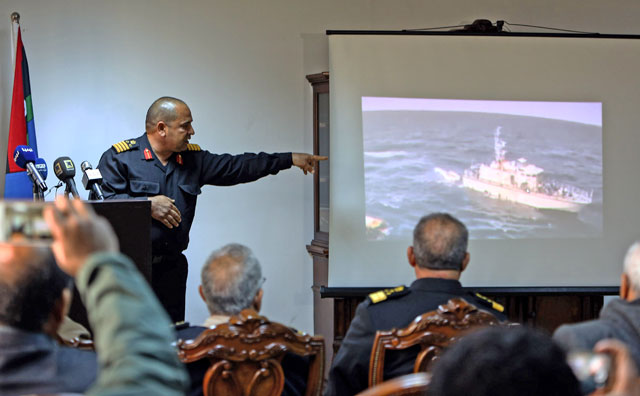 Libyan navy Colonel Abu Ageila Abdul Bari speaks during a press conference in the capital Tripoli on Tuesday (AFP photo)