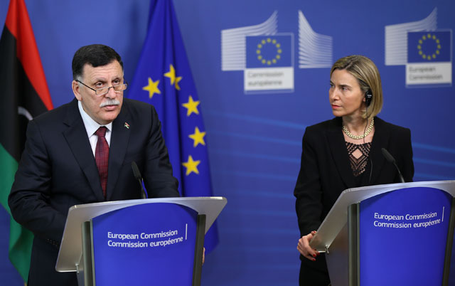 Chairman of the Presidential Council of Libya Fayez Al Sarraj (left) and High Representative of the European Union for Foreign Affairs and Security Policy Federica Mogherini hold a press conference after their meeting in Brussels, Belgium, on Thursday (Anadolu Agency photo)