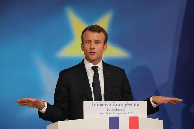 French President Emmanuel Macron delivers a speech on the European Union at the amphitheater of the Sorbonne University on Tuesday in Paris (AFP photo)