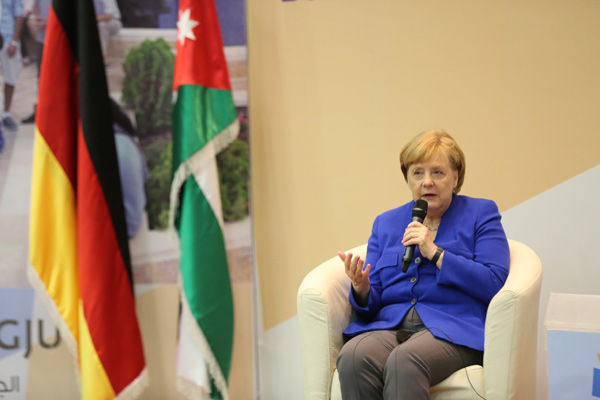German Chancellor Angela Merkel participates in an open discussion with students at German Jordanian University on Thursday  (Petra photo)
