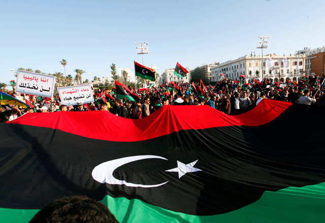 Libyans take part in celebrations marking the sixth anniversary of the Libyan revolution in Tripoli, Libya, on Friday (Reuters photo)