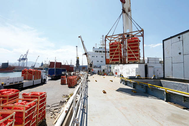 A ship carrying 4,000 tonnes of food for beleaguered Qatar prepare to depart Turkey in Izmir, Turkey, on Thursday (Anadolu Agency photo)