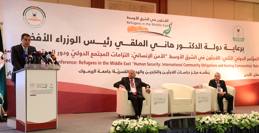 Minister of Planning and International Cooperation Imad Fakhoury speaks at the conference 'Refugees in the Middle East and Human Security — the Commitments of the International Community and the Role of Host Communities' in Amman on Wednesday (Photo courtesy of the Ministry of Planning and Internationl Cooperation)