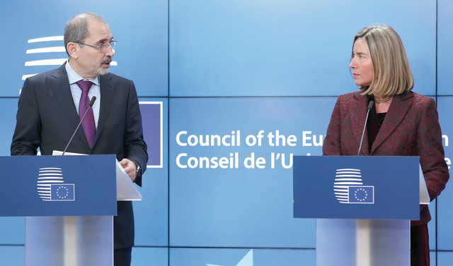 Foreign Minister Ayman Safadi and Representative of the European Union for Foreign Affairs and Security Policy Federica Mogherini (right) hold a joint press conference at the European Council in Brussels, Belgium, on Monday (Anadolu Agency photo)