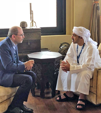 Foreign Minister Ayman Safadi meets with UAE Minister of Foreign Affairs and International Cooperation Sheikh Abdullah Bin Zayed Al Nahyan on Saturday (Petra photo)