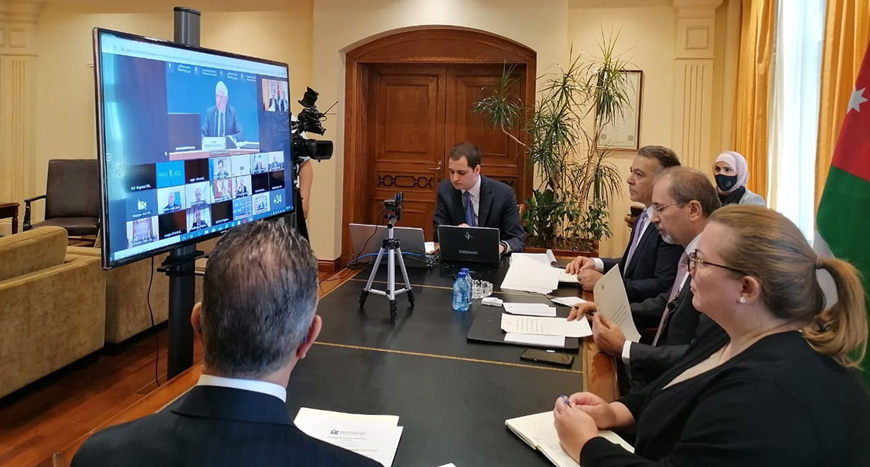   Foreign Minister Ayman Safadi and Minister of Planning and International Cooperation Wissam Rabadi participate in the Supporting the Future of Syria and the Region conference via videoconference on Tuesday (Petra photo)