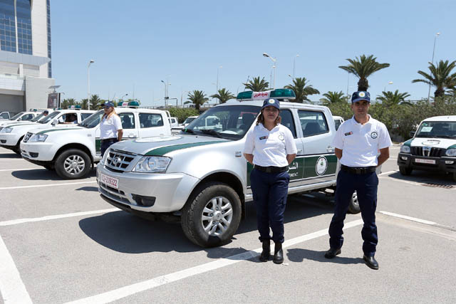 New police vehicles are introduced during the introductory meeting of the Tunisian environmental police at Congress Palace in Tunis, Tunisia, on Tuesday (Anadolu Agency photo)