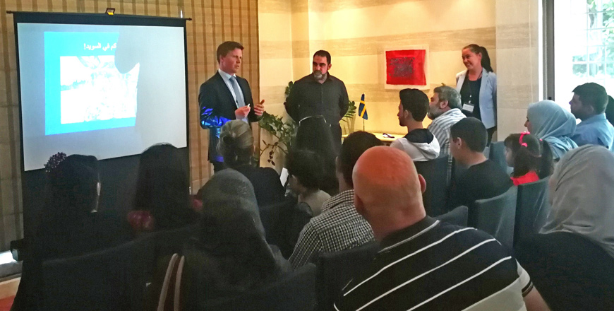 Swedish Ambassador to Jordan Erik Ullenhag welcomes the quota refugees at his residence in Amman this week (Photo courtesy of Swedish embassy in Amman)