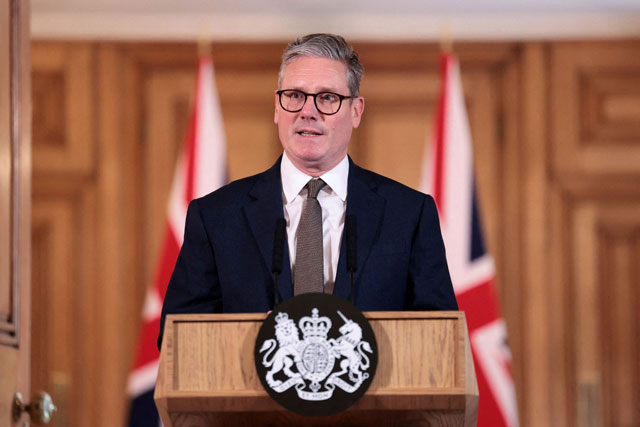 Britain's Prime Minister Keir Starmer holds a press conference at the end of his cabinet's first meeting in Downing Street in London on Saturday (AFP photo)