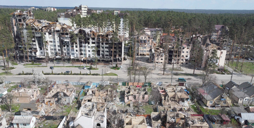 This aerial photograph taken on Sunday shows a destroyed residential area in Irpin, northwest of Kyiv, amid the Russian invasion of Ukraine (AFP photo)