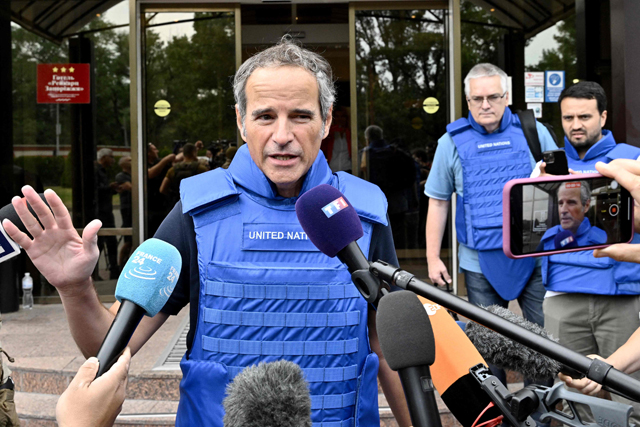 International Atomic Energy Agency (IAEA) chief Rafael Grossi speaks to media in Zaporizhzhia on Thursday, as UN inspectors prepare to head to the Russian-held Zaporizhzhia nuclear power plant in southern Ukraine (AFP photo)
