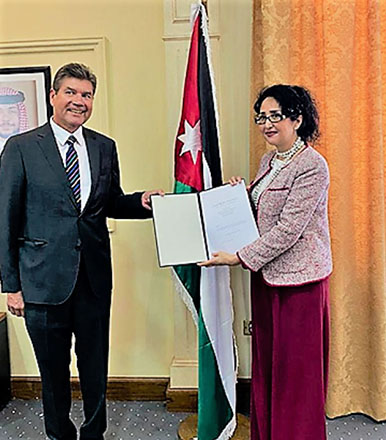 Foreign Ministry Secretary General Saja Majali receives a copy of newly appointed German Ambassador to the Kingdom Bernhard Kampmann’s credentials on Thursday (Petra photo)