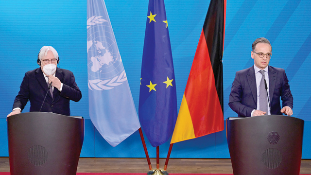 UN Special Envoy for Yemen Martin Griffiths (left) and German Foreign Minister Heiko Maas deliver a press conference following talks at the Foreign Ministry in Berlin on Monday (AFP photo)